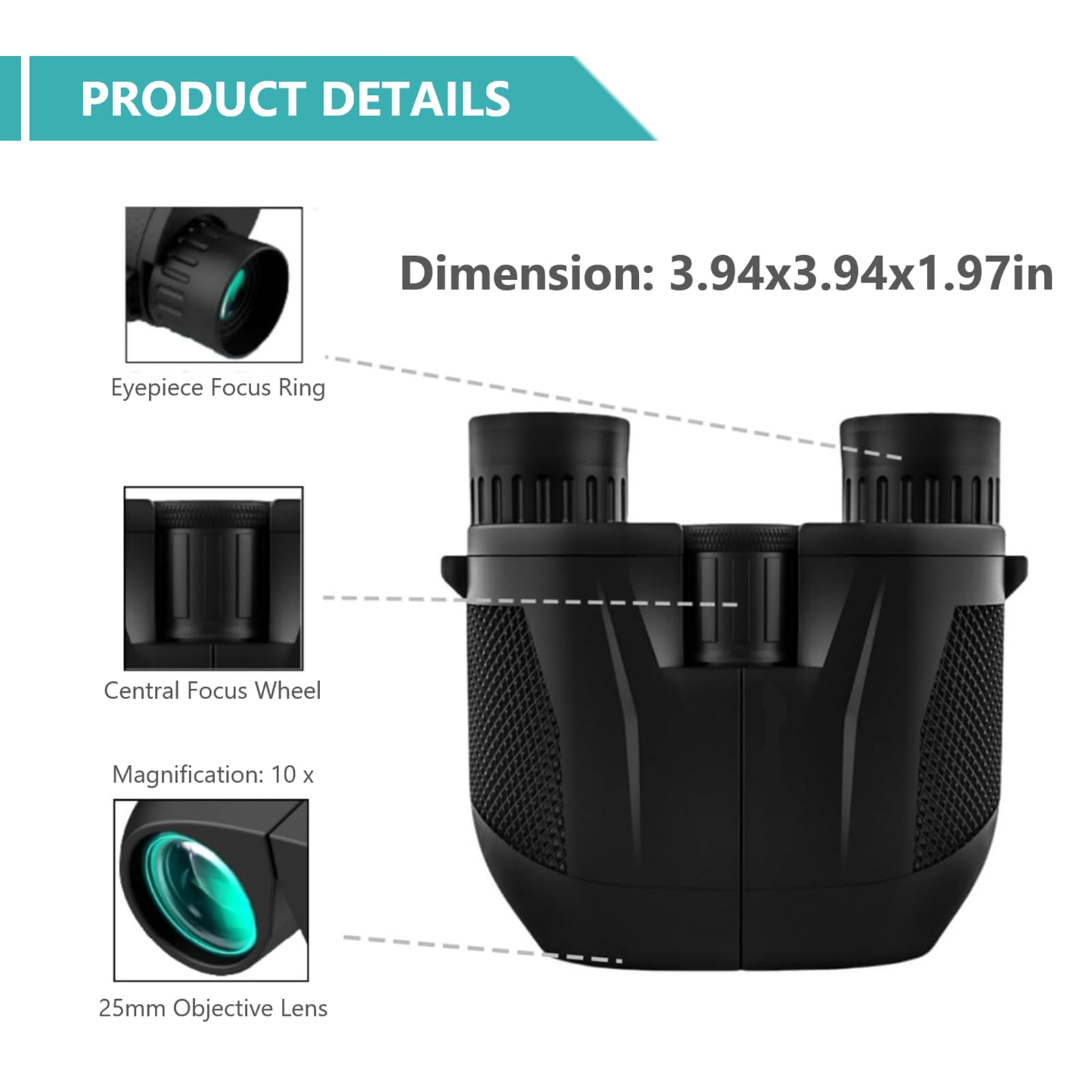 Binocolo 10x25, Binocolo Professionale, con Prisma BaK4 e Lente FMC, Alta potenza Binocolos Compatto,per Birdwatching, Escursionismo, Caccia, Visite, Teatro