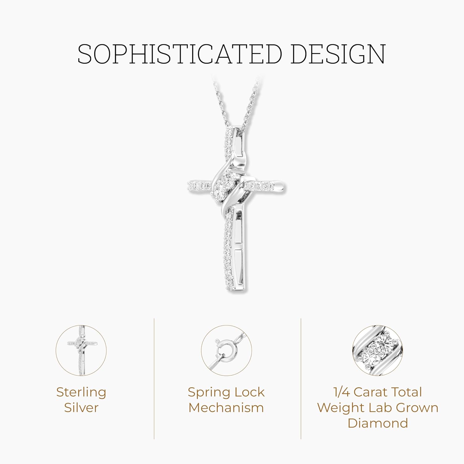 GILDED Itsy Bitsy Diamond Cross Pendant Necklace, 0.25 CTTW, 14KT Gold Plated over Silver and Sterling Silver, SI1 F-Color Lab-Grown Diamonds, Prong-Set, 18” Chain with Spring-Ring Lock