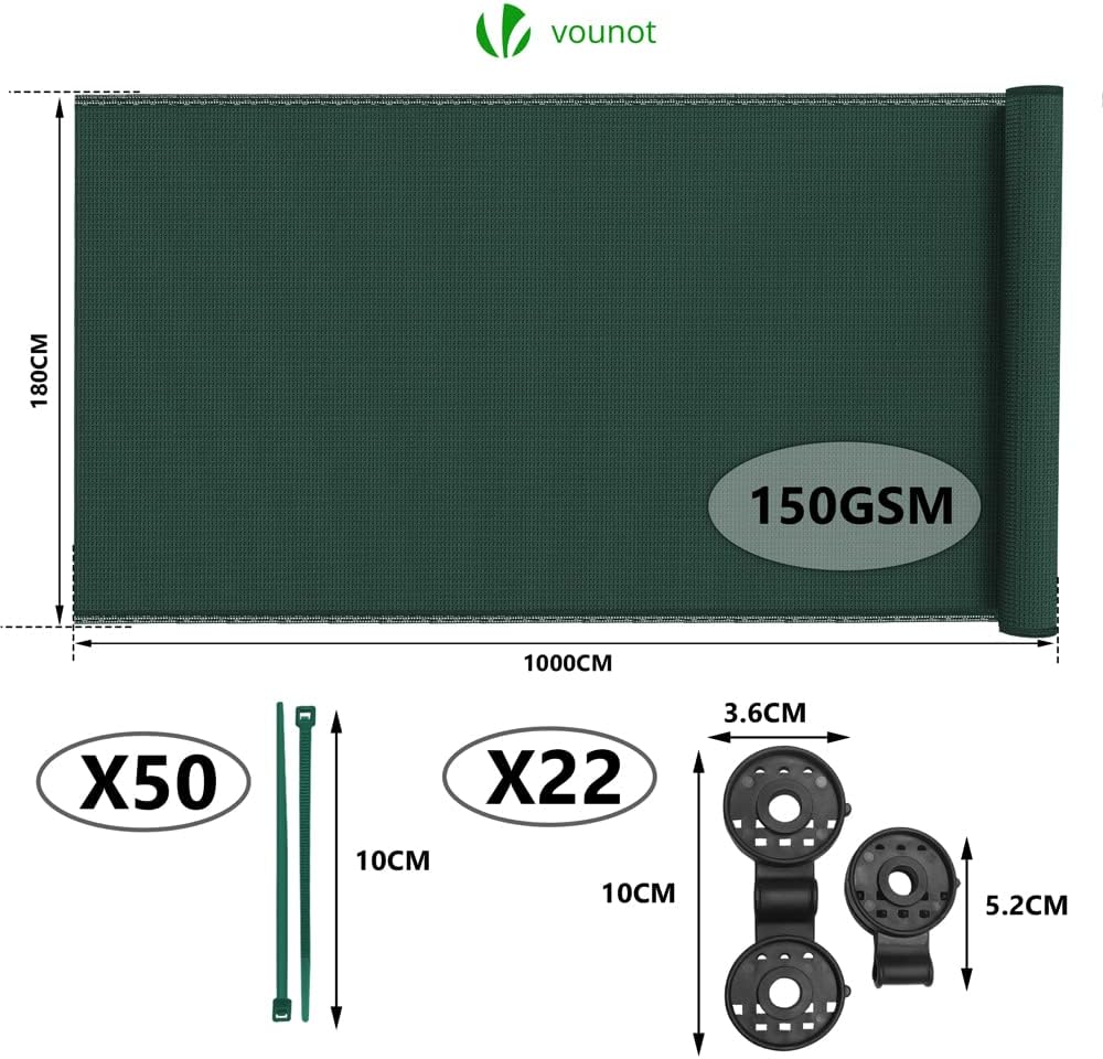 VOUNOT® Zaunblende 1.8×10m, Sichtschutz Zaun 150 g/m² HDPE Schattiernetz, Windschutz UV-resistent Reißfest, 85% Beschattungsgrad, mit Löcher und Kabelbinder, Grün