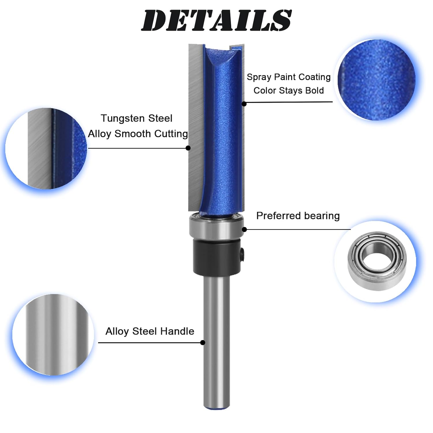 4PCS Pattern Template Router Bit Set 1/4 Inch Shank, 1/2", 3/4", 1", 1-1/2" Cutting Depth, 1/2" Dia, Tungsten Carbide Tip Top Bearing Flush Trim Router Bits for Woodworking Straight Trimming