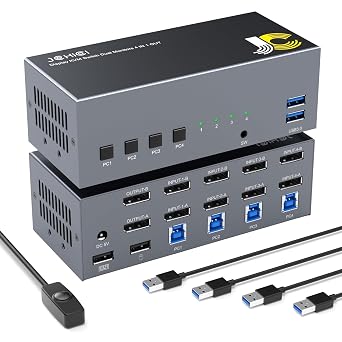 8K@60Hz DisplayPort KVM Switch Dual Monitor for 4 Computers | 4K@144Hz DP 1.4 w/DSC | USB 3.0 Hub & Hotkey Switching | 1.5m Remote Controller