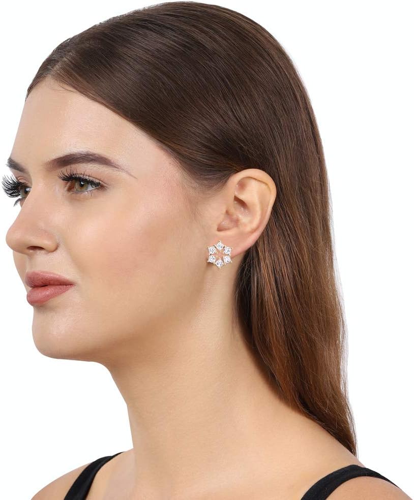 Vanbelle 18K Gold Plated Jewelry Snowflake Stud Earrings with Cubic Zirconia Stones for Women - Handcrafted and Light-weighted