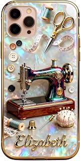 Pearlescent Effect Sewing Lover Phone Case - Personalized Gifts for Sewing Lover - Custom Name Vintage Sewing Machine Design, Gift for Crafters Quilting Phone Case for Quilters