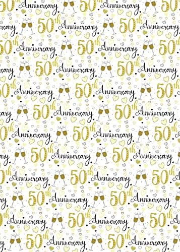 2 Sheets 50th Wedding Anniversary Wrapping Paper Champagne Glass Design Golden Wedding Anniversary Giftwrap (PA)