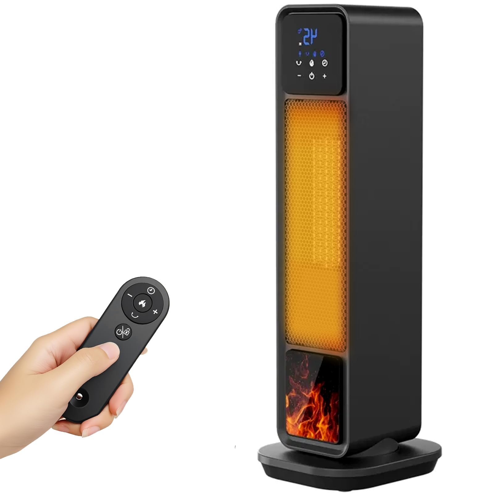 Riscaldamento supplementare 2200W Radiatore Elettrico, Modalità Eco, 3 Modalità Riscaldate, 180° Oscillazione, Telecomando, Protezione Multipla Display LED, Effetto Fiamma, Timer 24H, per Casa