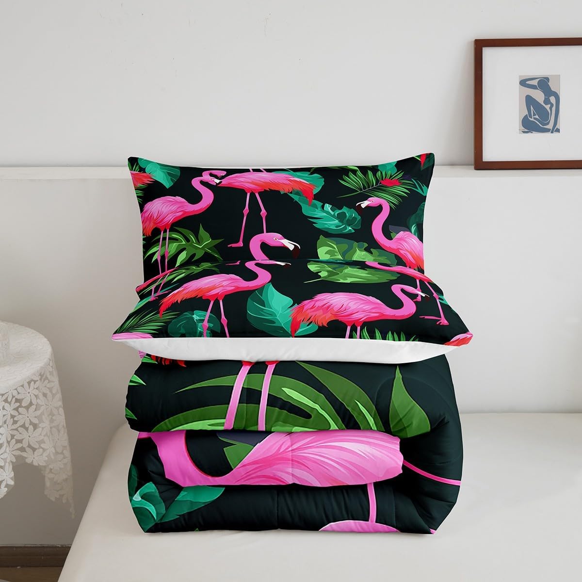 Flamingo Kids Comforter Set Full Size,Tropical Botanical Palm Leaves Bedding Set,Girls Women Room Decor,Wild Birds Animals Hawaii Summer Beach Down Comforter,Pink Green Duvet Insert,2 Pillowcases