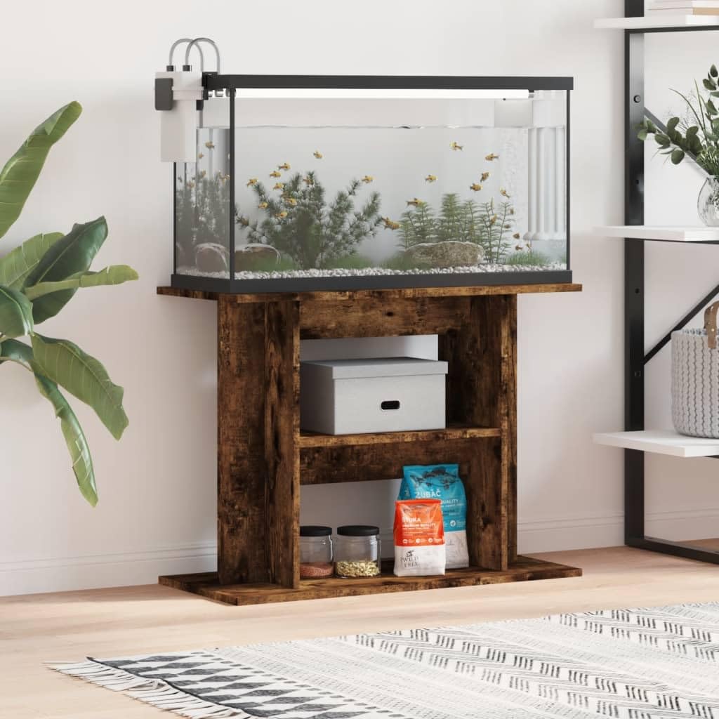 Gecheer Aquarium Stand Fish Tank Cabinet Side Cabinet with Display Shelves for Home Living Room Smoked Oak 80x35x60 cm Engineered Wood