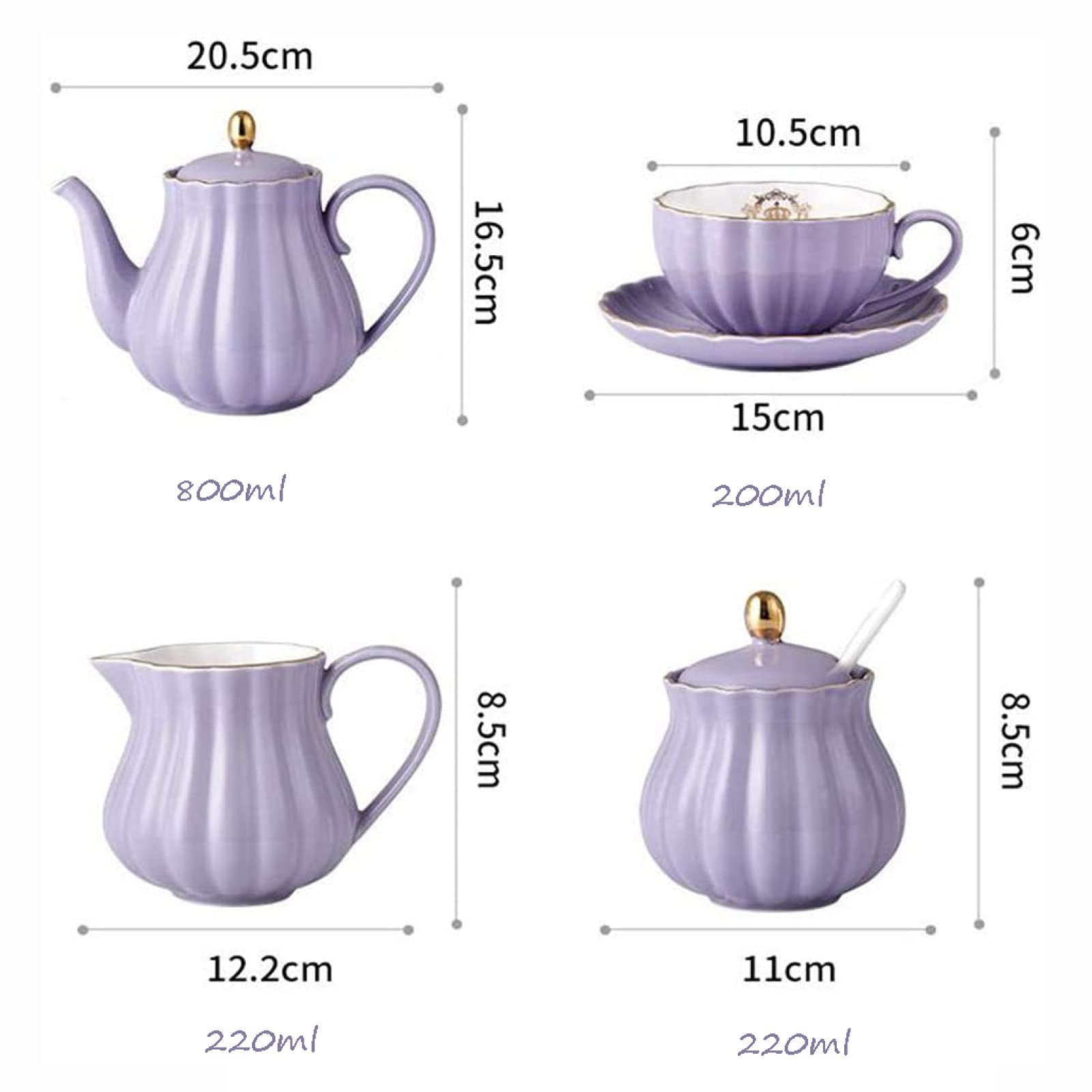 16 Pezzi Set da tè in Porcellana Set da Regalo in Ceramica per caffè E tè Serie Teiera Viola Zuccheriera E Cucchiaini,Purple