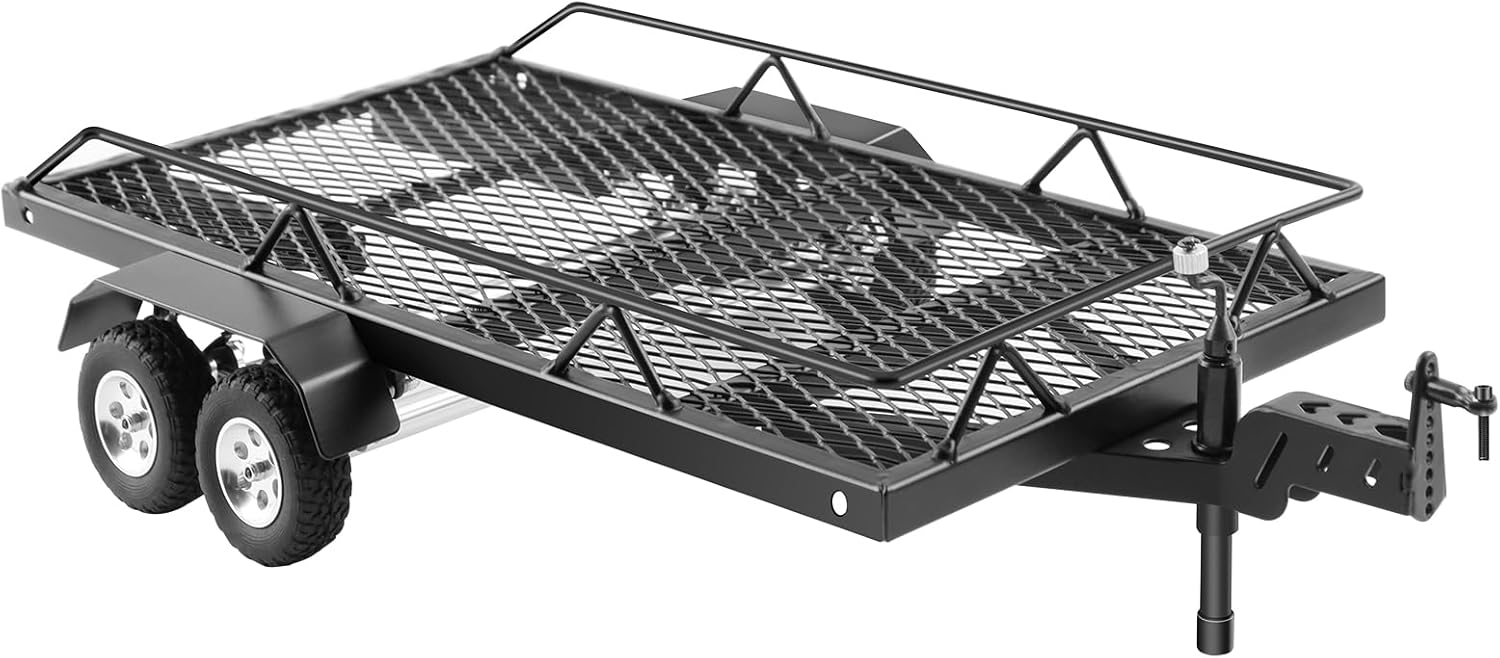 RC Trailer for Hauling Behind RC Car, Metal Flatbed Trailer with Hook Hitch for 1/18 1/24 RC Crawler TRX4M FCX18 Ascent-18 SCX24 FCX24