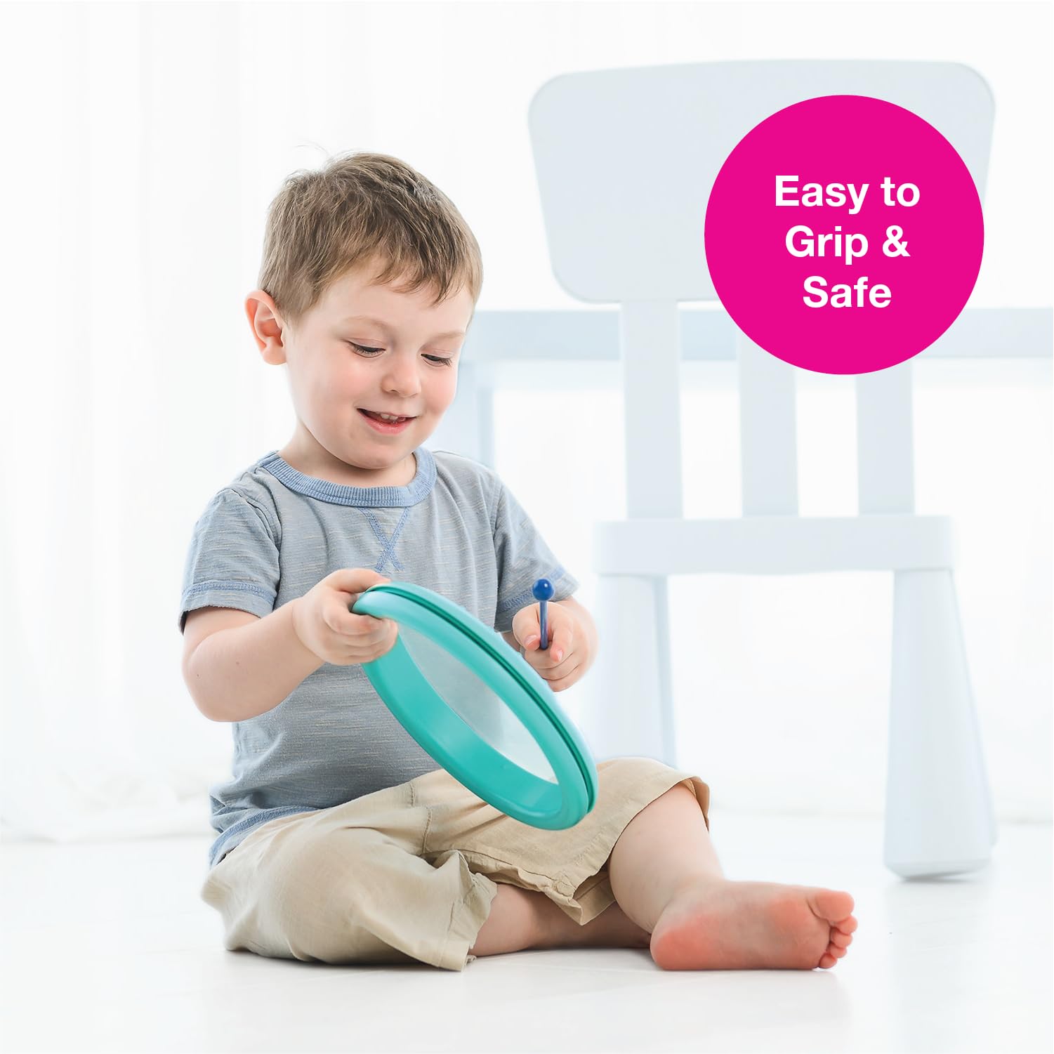 Edushape Classic Flat Drum For Baby With EasyGrip Mallet Set Of Blue  Color Baby Drum Toy For Toddlers 2year Old And Up S, Turquoise