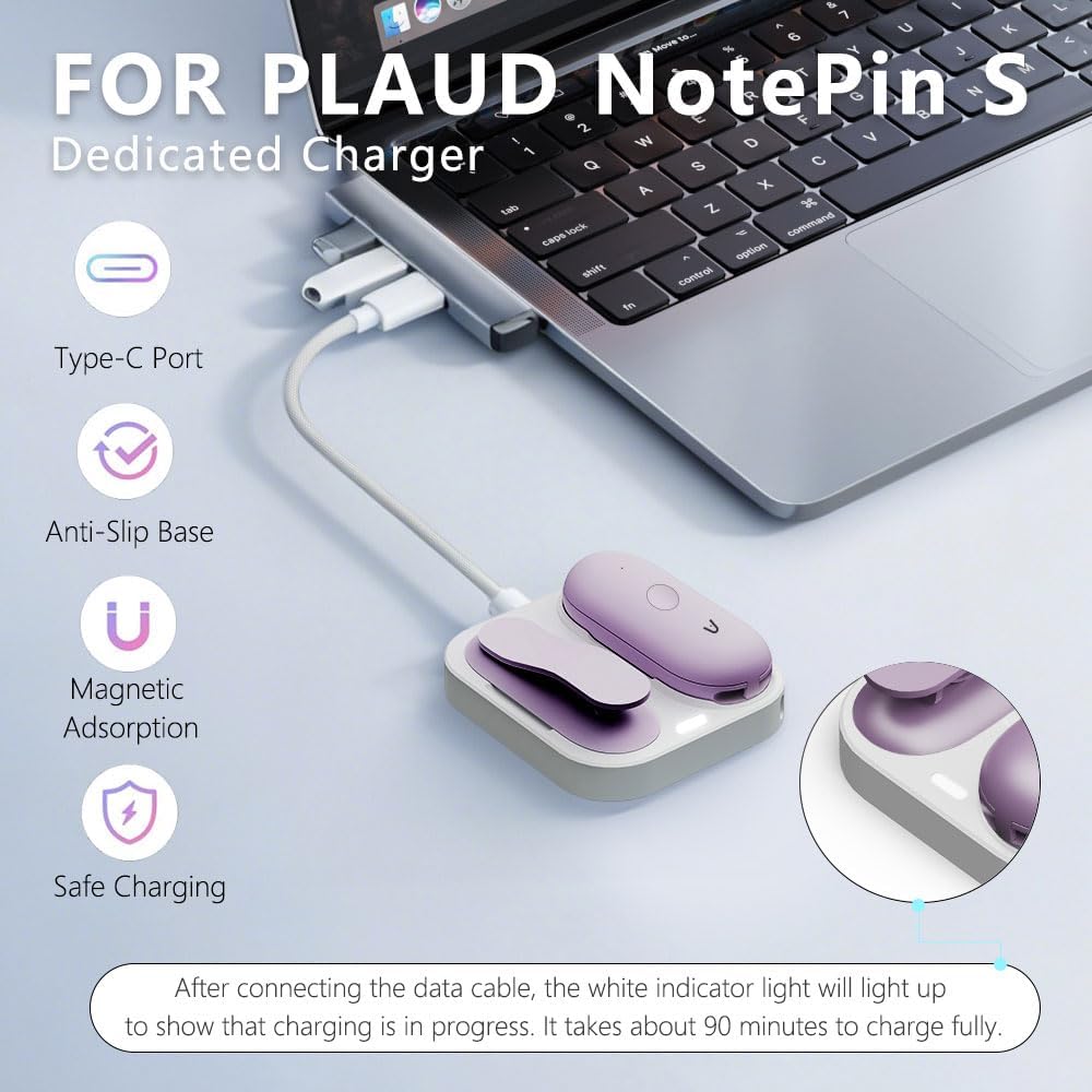 Charging Dock for Plaud NotePin S, 2-in-1 Magnetic Plaid Charger Stand with USB-C Braided Cable, Fast Charging Base Replacement Accessory for NotePin S AI Voice Recorder