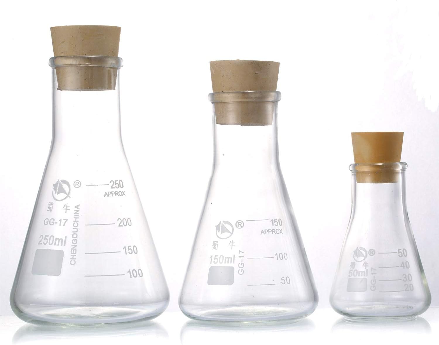 Glass Erlenmeyer Flask Set, (250 ml, 150 ml & 50 ml) Graduated Borosilicate Glass Erlenmeyer Flasks with Rubber Stoppers & Accurate Scales for Lab, Experiment, Chemistry, Science Studies etc