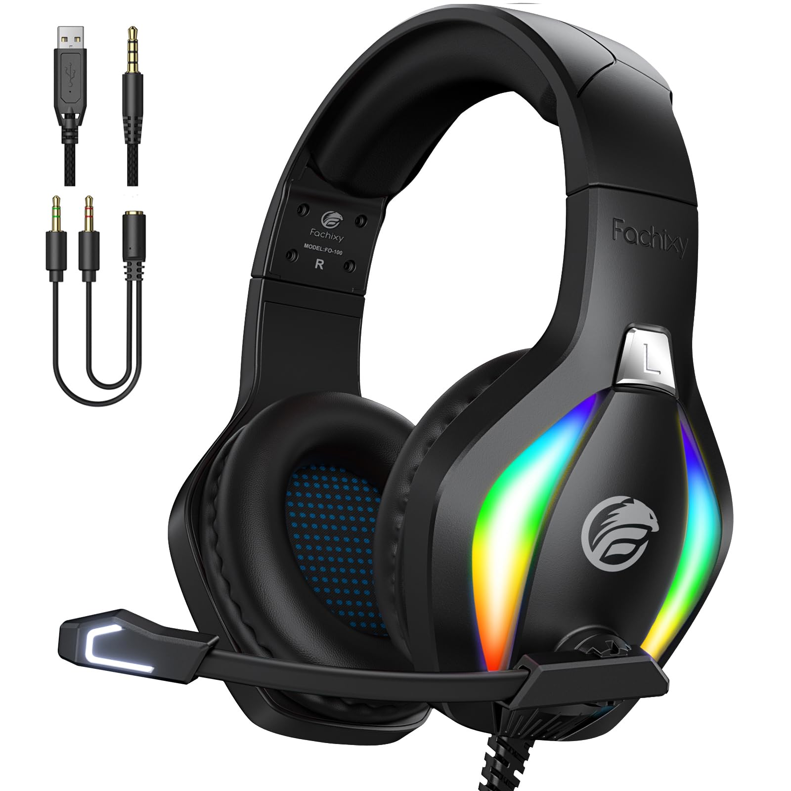 Fachixy FC100 Gaming Headset with Microphone for PS4, PS5, Switch, Xbox, Mac, PC Gaming Headphones with Mic, Gamer Headset with RGB Light - RGB Black