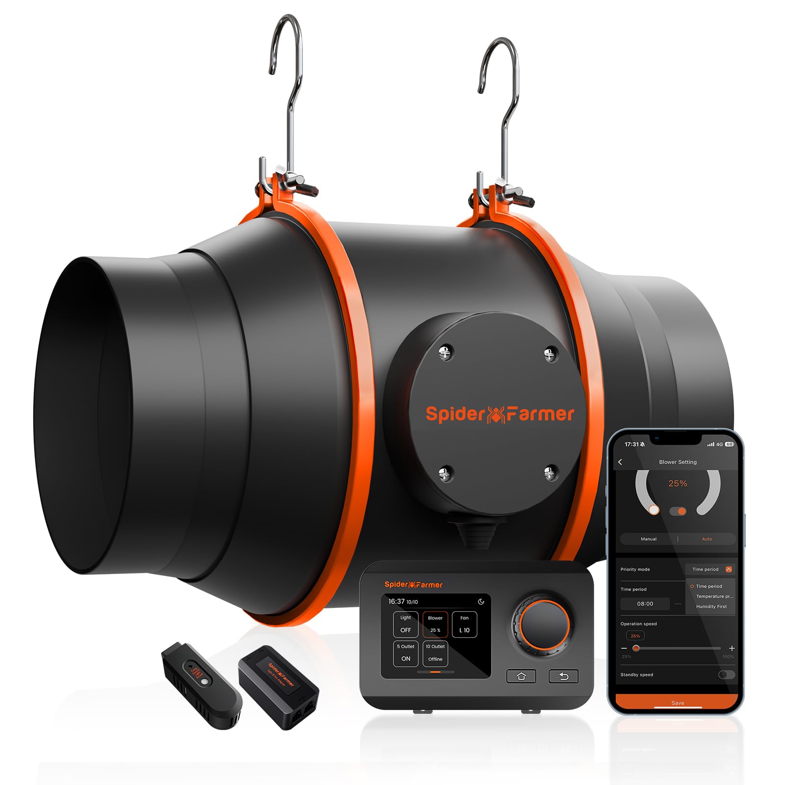 Spider Farmer 6 Inch Smart Inline Duct Fan with GGS Temperature Humidity Controller, Integrated App Control, 402 CFM Ventilation Exhaust Fan for Heating Cooling Booster, Grow Tents, Hydroponics