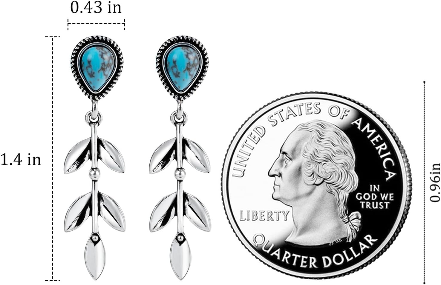 Turquoise Leaf Earrings for Women – Boho Silver Drop Dangle Earrings with Teardrop Turquoise Jewelry Western Earrings for Gift - Image 3