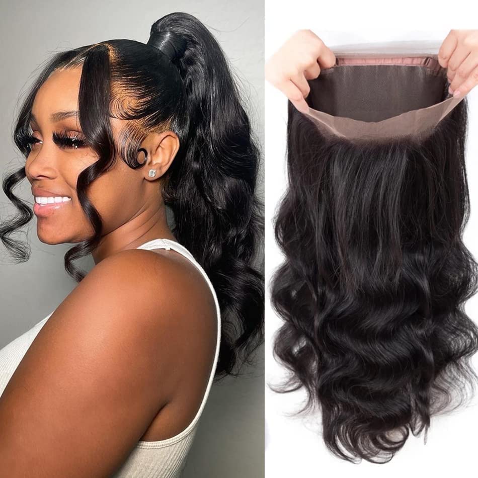 360 Lace Frontal Closure Body Wave Transparent Lace 360 Closure Body Wave 360 Full Lace Frontal with Bangs Baby Hair 100% Virgin Remy Human Hair 150% Density Natural Color (18 Inch)