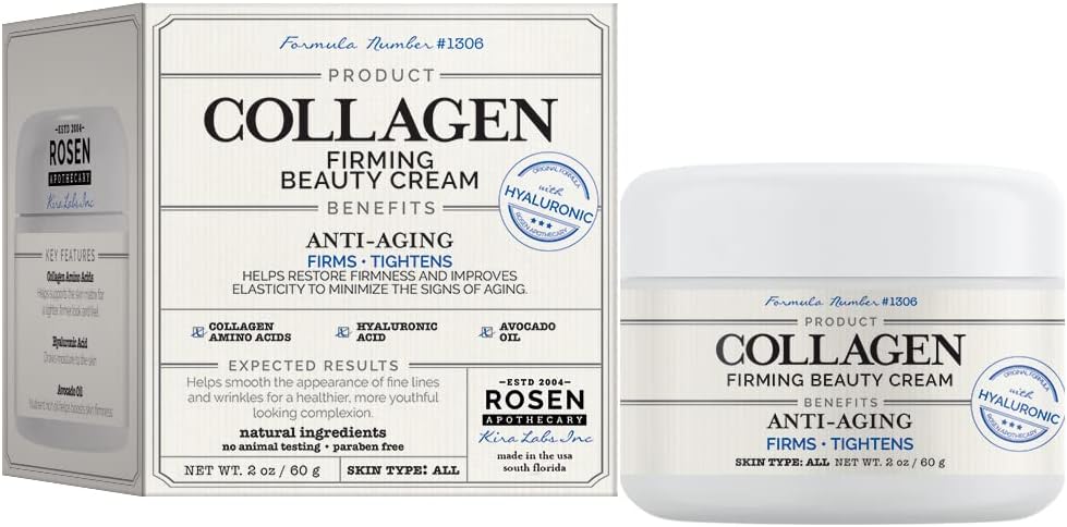 Rosen Apothecary Collagen Firming Beauty Cream, 60ml/2 oz Jar, Helps Firm and Tighten Skin with Collagen Amino acids, Hyaluronic Acid and Avocado Oil