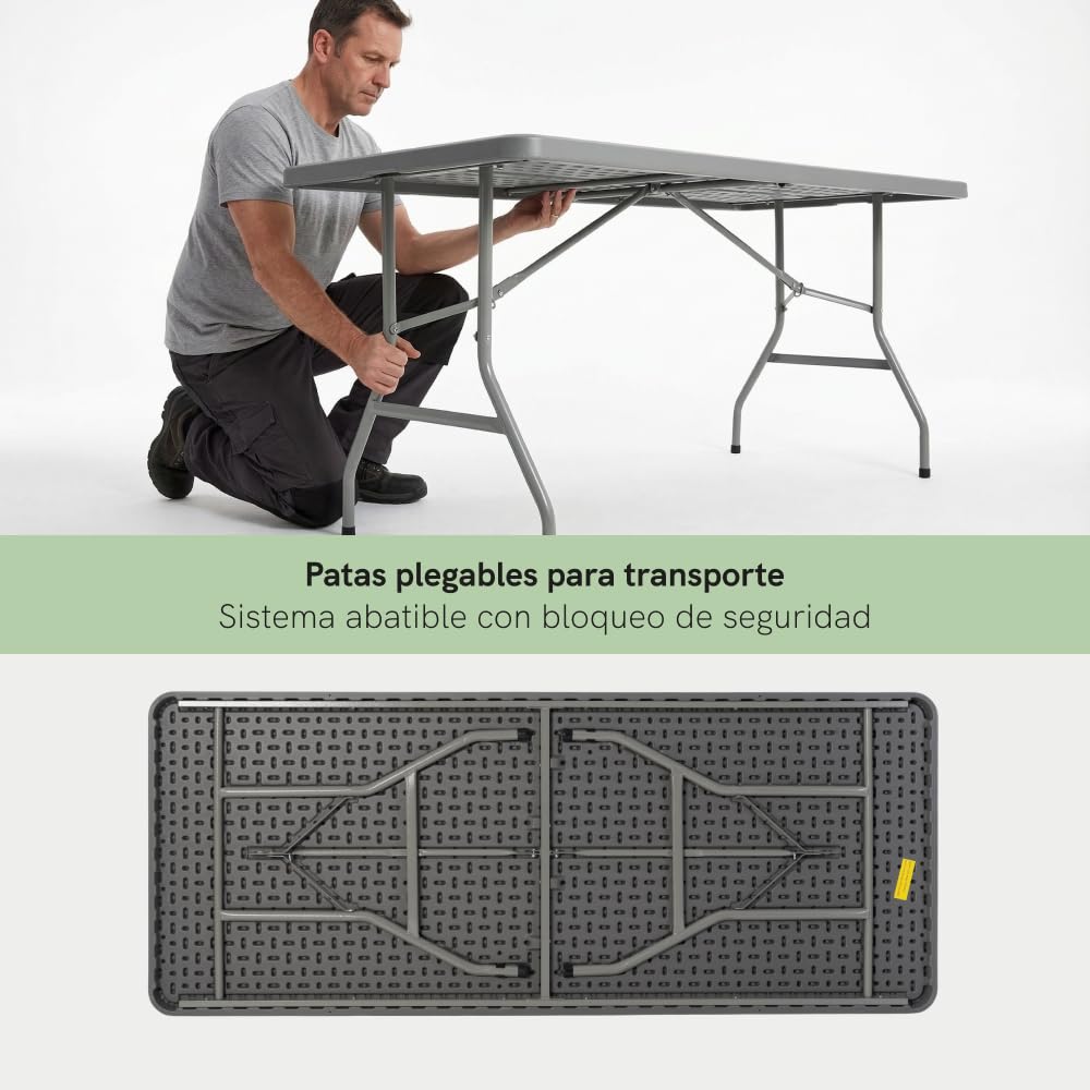 Mesa Rectangular 200 x 90 Cm con Patas Plegables de Exterior, Jardín, Catering, Hostelería y Eventos. Auxiliar para Comedor y Camping. Fácil de Transportar, Portátil y de PVC.
