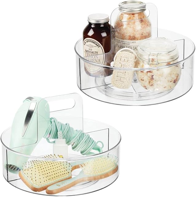 mDesign Set of 2 Rotatable Vanity Tray  Stylish Bathroom Storage for Lotions, Cosmetics and Medication  Round Makeup Storage for Bathroom and Kitchen  29.2 cm in Diameter x 21.3 cm  Clear