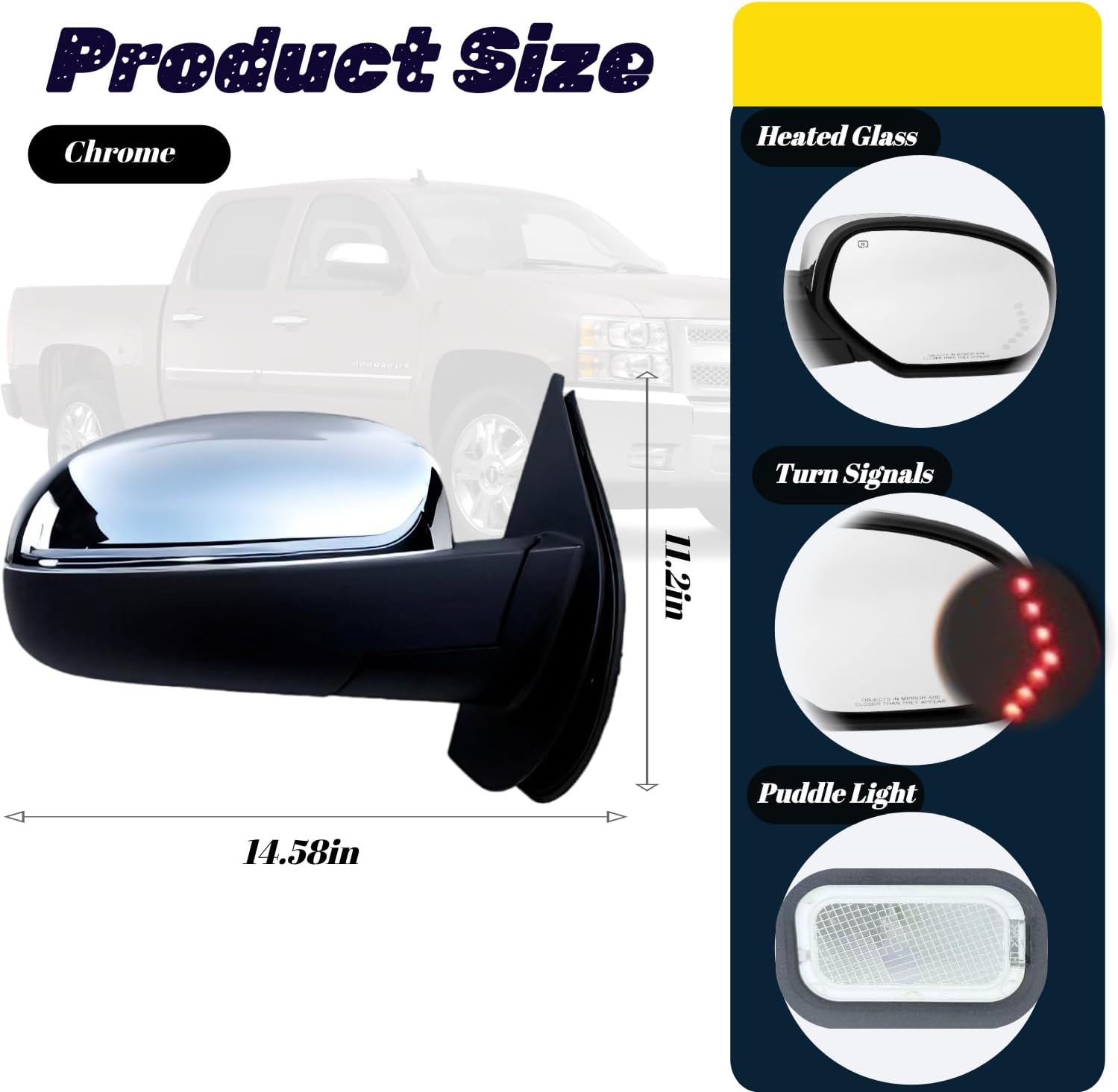 Passenger Side Mirror Compatible With 2007-2013 Chevy Avalanche Silverado Suburban Tahoe GMC Sierra Yukon With Heated Power Glass Turn Signal Puddle Light Power Folding Chrome