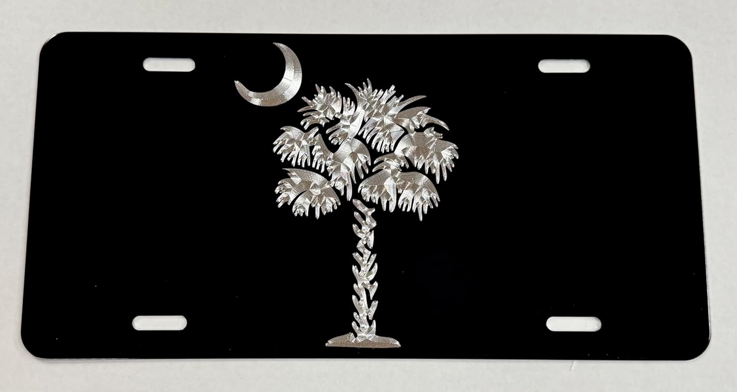 Engraved SC Palmetto Palm Tree Car Tag Diamond Etched Silver on Black Aluminum Vanity Front License Plate