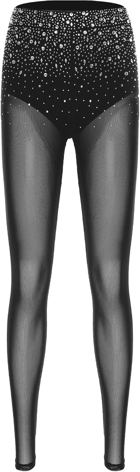 TiaoBug Women's Shiny Rhinestone Dance Pants High Waist Briefs Sheer Mesh Leggings