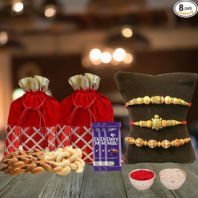 Urban Festivities Rakhi Gift Combo for Brother | 3 Rakhis with 100g Cashews, 100g Almonds & 3 Chocolates | Raksha Bandhan Dry Fruits Gift Hamper