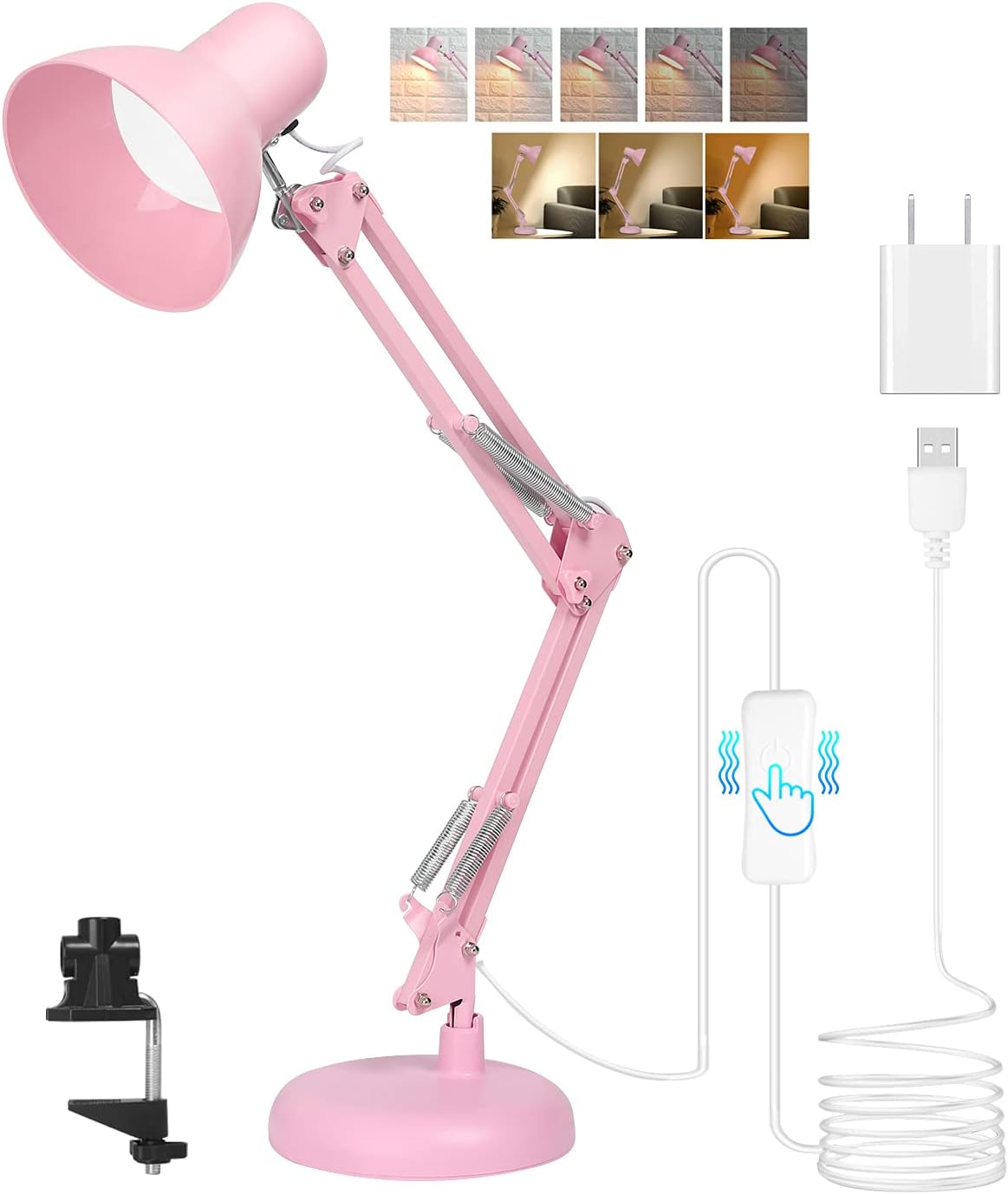 HINBLAP Architect Desk Lamp Touch Control-Metal Swing Arm Led Lamp-Tall Task Light for Office-3 Color Modes with Dimmable-Adjustable Arm Drafting Lamp-Clip On Study Table Lamp-Bulb Included（Black) - - 