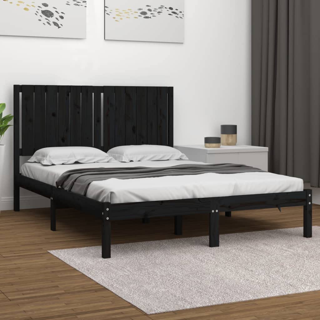 lite drewno sosnowe z zagłówkiem klasyczna 140x190 cm czarny | Rama łóżka sosnowa 140x190 cm czarna lite drewno klasyczny zagłówek stabilna