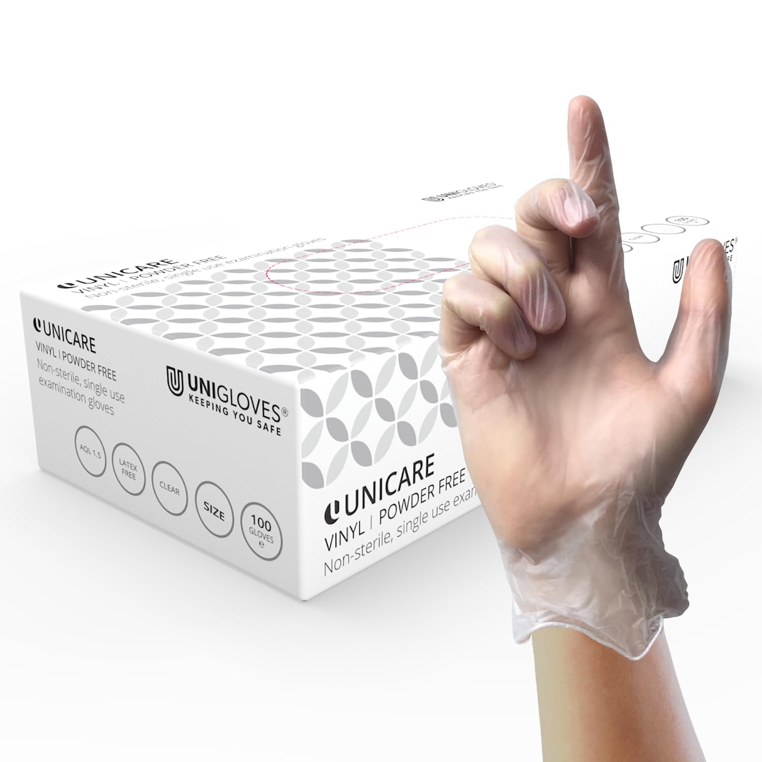 UNIGLOVES Unicare Vinyl Multipurpose Disposable Gloves, Powder Free, Latex Free, Medium Weight, Box of 100 Gloves, Clear, Size Large (GS0064)