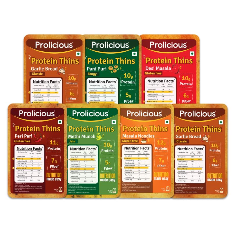Prolicious High Protein Thins Combo | NO Palm Oil | Crispy | Methi, Pani Puri, Garlic Bread (2), Peri Peri, Masala Noodle and Desi Masala Thins (50g each, Pack of 7)