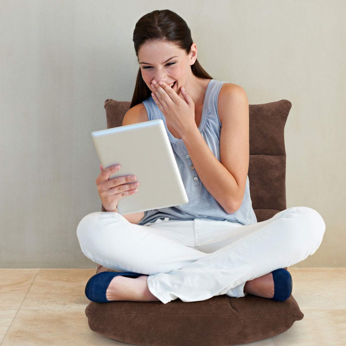 GOPLUS Krzesło podłogowe, sofa podłogowa z oparciem, fotel podłogowy z funkcją spania, krzesło piętro chair, Lazy sofa, krzesło do medytacji do salonu i na balkon (brązowe)