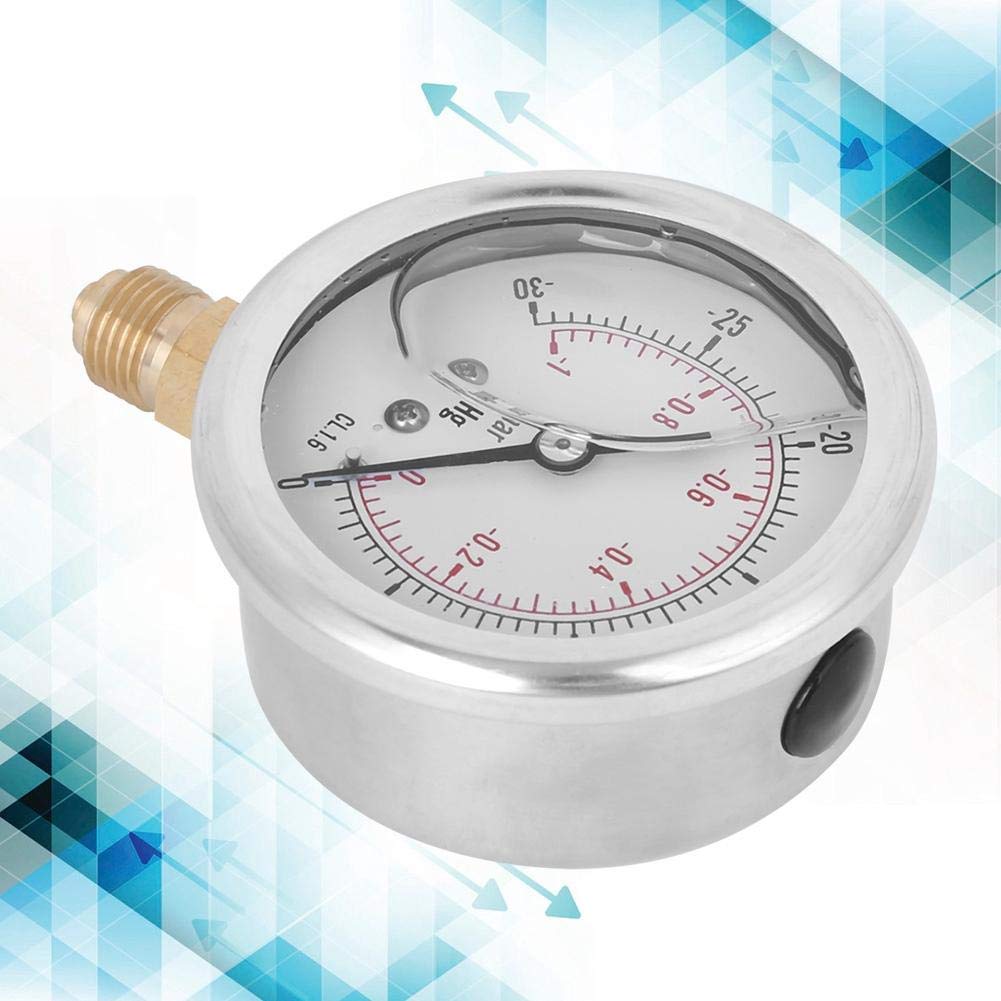Manomètre à Vide Radial Rempli d' Jauge de Pression Négative -1 à 0 bar (-30 à 0 inHg) Double Échelle Boîtier Acier Inoxydable Raccord Laiton 1/4" BSP pour Pompes à Vide et Systèmes de