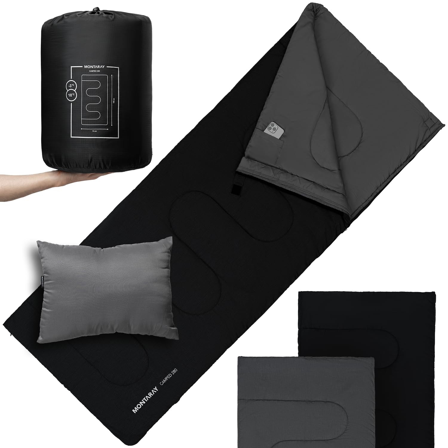 Saco de dormir de 100 % algodón hasta -3 °C, incluye cojín, saco de dormir de invierno para exterior y verano [280 g/m²] para 3 – 4 estaciones (75 x 190 cm) – Saco de dormir para cabañas