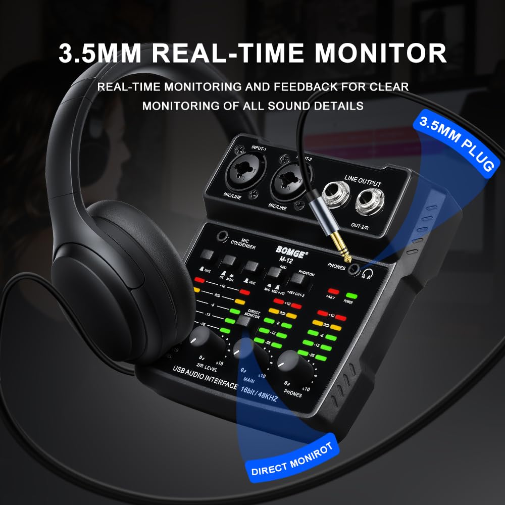BOMGE Interfaz de audio USB M12, mezclador de 2 canales, entrada XLR/3.5 mm, fuente de alimentación de 48 V, tarjeta de sonido para grabación de PC, estudio, espectáculo en vivo, karaoke, Plug & Play