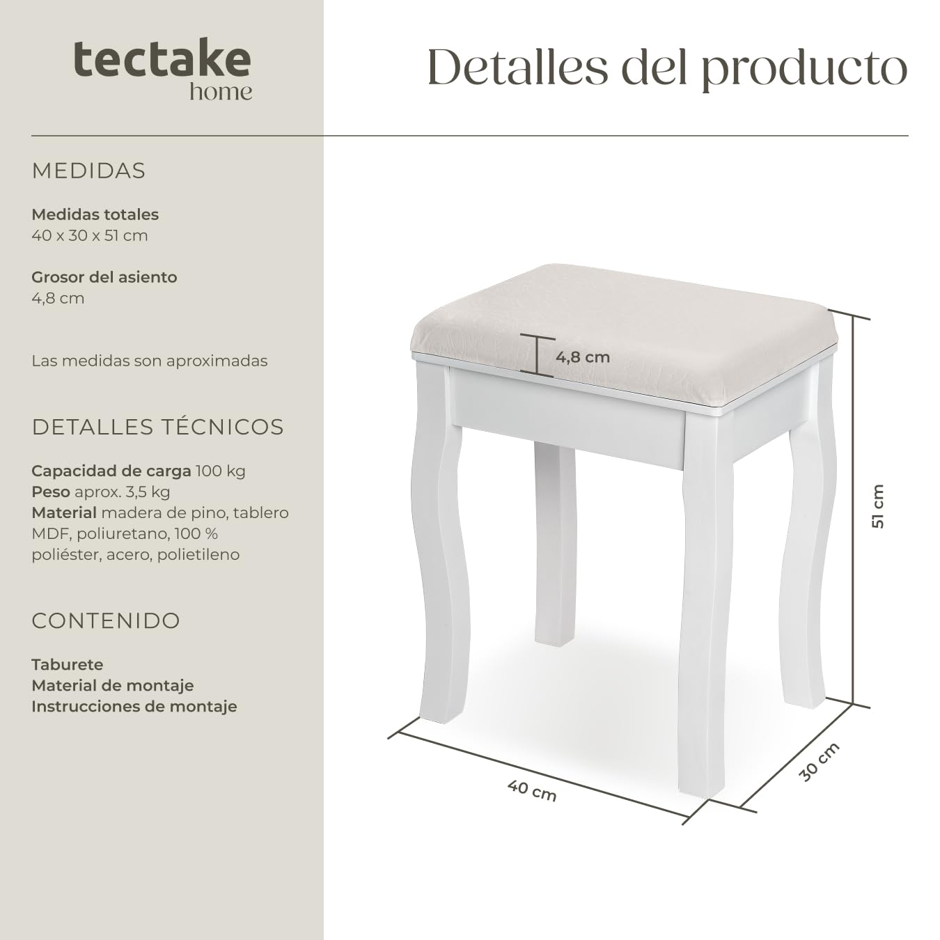 tectake® Taburete Tocador Maquillaje, Banqueta Dormitorio con Asiento Acolchado, Silla Tocador Maquillaje con Patas de Madera, Ideal para Piano y Vestidor Moderno - Blanco