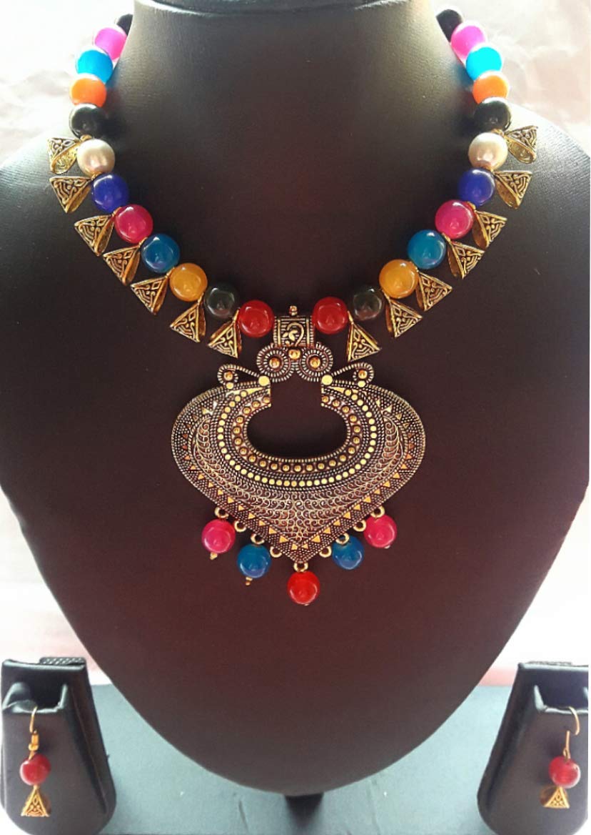 Paushak Boutique Multicolour Beads Antique Golden Pendant Set With 2 Earrings (Set of 1)