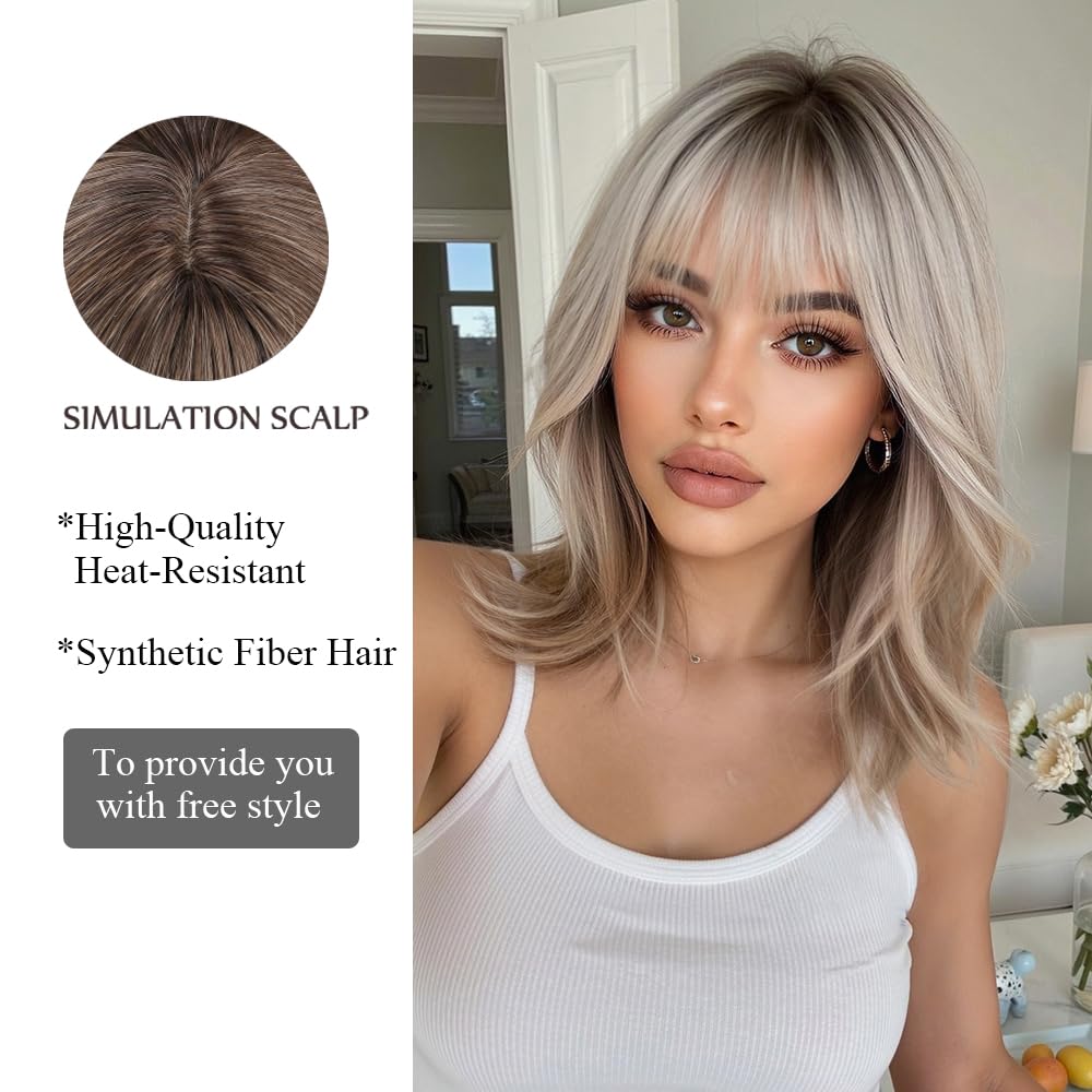 Perruques Blond Cendré pour Femmes Perruques Courtes Dégradées Et Lisses avec Frange Perruques En Cheveux Synthétiques pour Un Usage Quotidien Les Fêtes Ou Le Cosplay