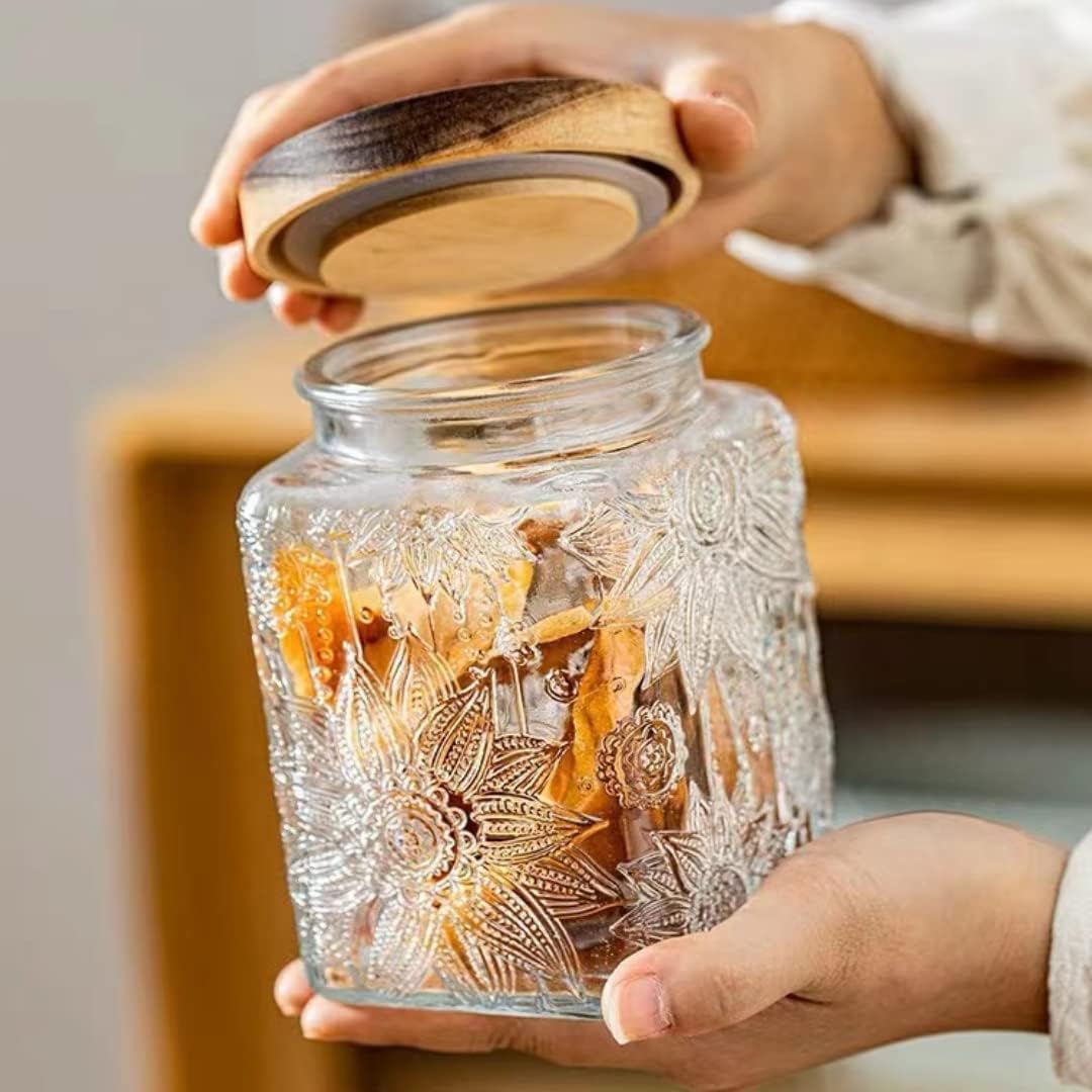 ANSQU Square Glass Jar with Lid – 25.4 oz Vintage Style Glass Food Storage Container for Kitchen Pantry, Candy, Sugar, Coffee, Cookies, Clear Kitchen Jar for Organization & Decor (Square Sunflower) - Image 3