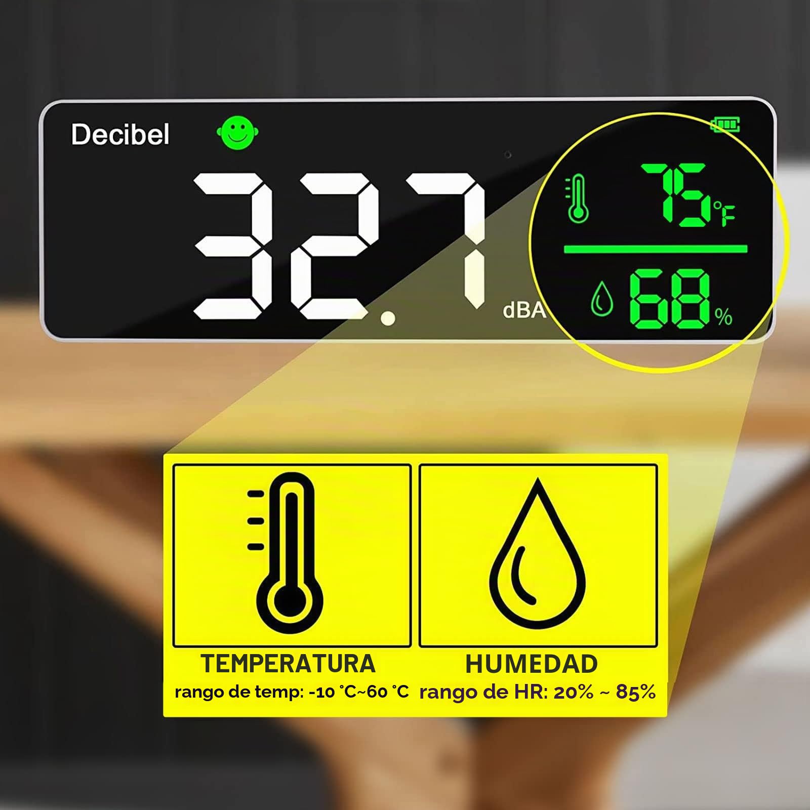 Medidor de nivel de sonido de 11 pulgadas con pantalla LED grande, medidor de humedad y temperatura con alarma e indicador amplio