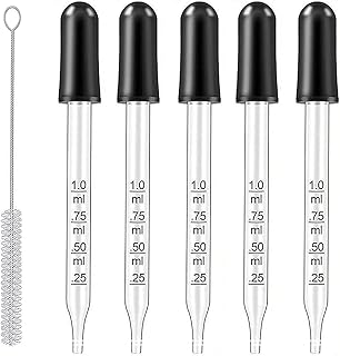 Eye Dropper for Essential Oils, Pipettes Dropper with Black Rubber Head, Calibrated Thick Glass Medicine Dropping Pipettes, 1ml Dropper Measurer, Dropper for Liquids, Straight-Tip, Bent-Tip, 5 Packs
