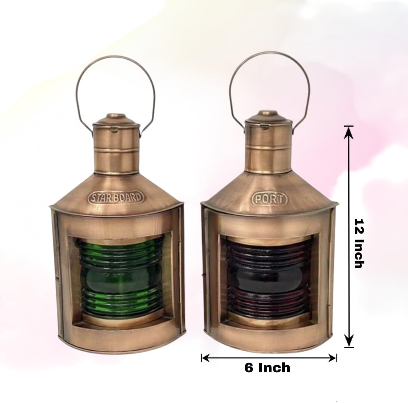Handcrafted Brass Nautical Oil Lamps – Port & Starboard Lantern Pair with Red & Green Glass, Vintage Maritime Ship Lights, Collectible Home & Gift Décor (12 Inch)