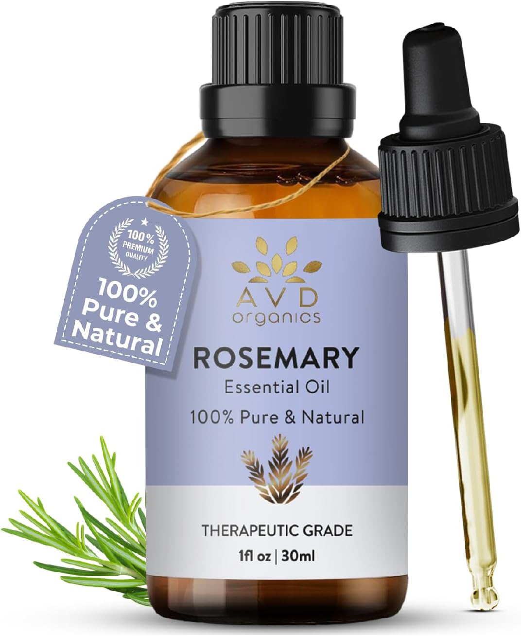 AVD Organics Rosemary Essential Oil 30ml - 100% Pure and Natural Therapeutic Grade Aromatherapy Oil for Relaxation, Skin, & Hair- 1 fl. Oz