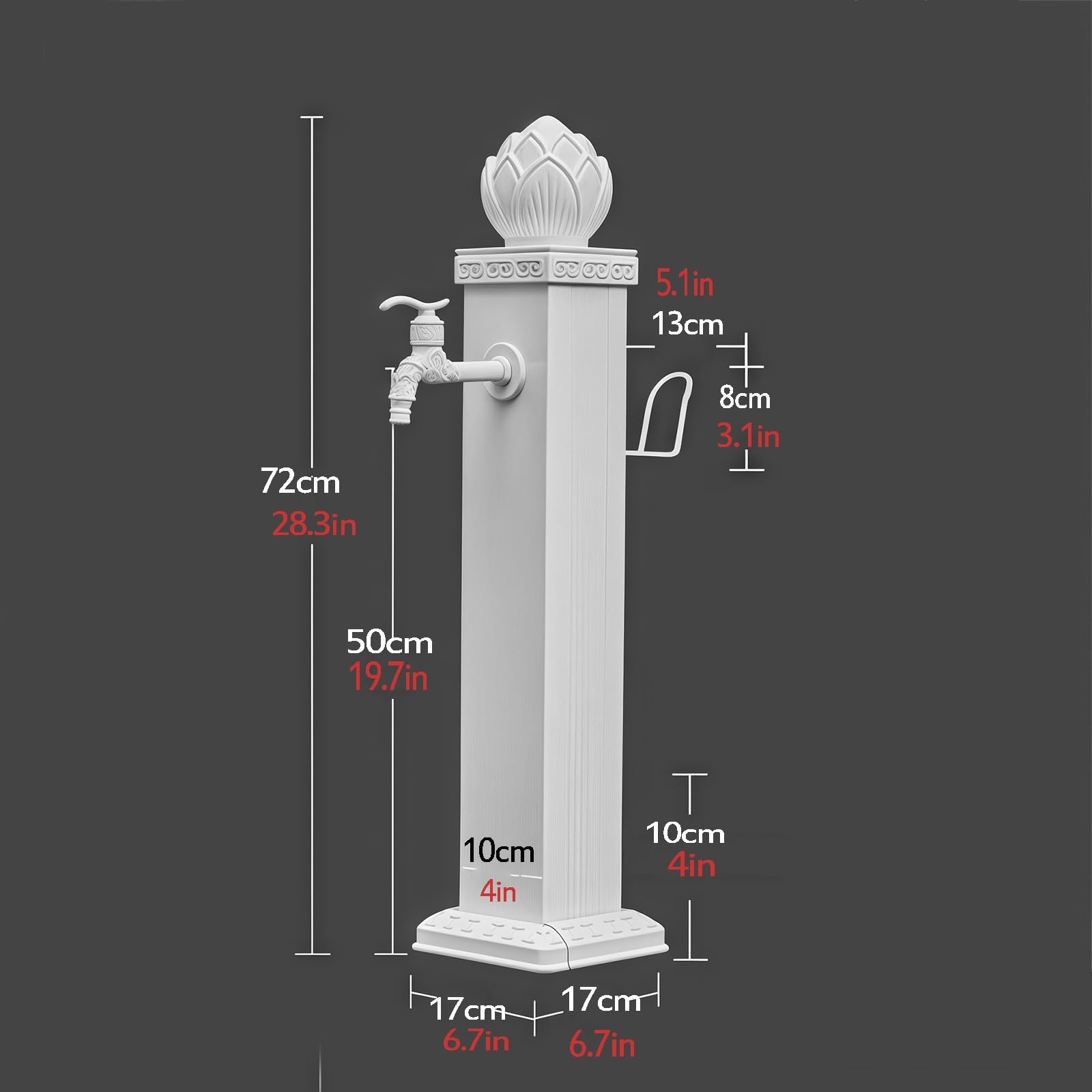 Boca de riego con grifo para jardín, soporte para manguera con boca de incendios para exteriores, ideal para jardines y patios, color blanco(17x17x72cm)