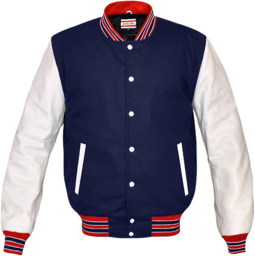 Superb Genuine White Leather Sleeve Letterman College Varsity Men Wool Jackets