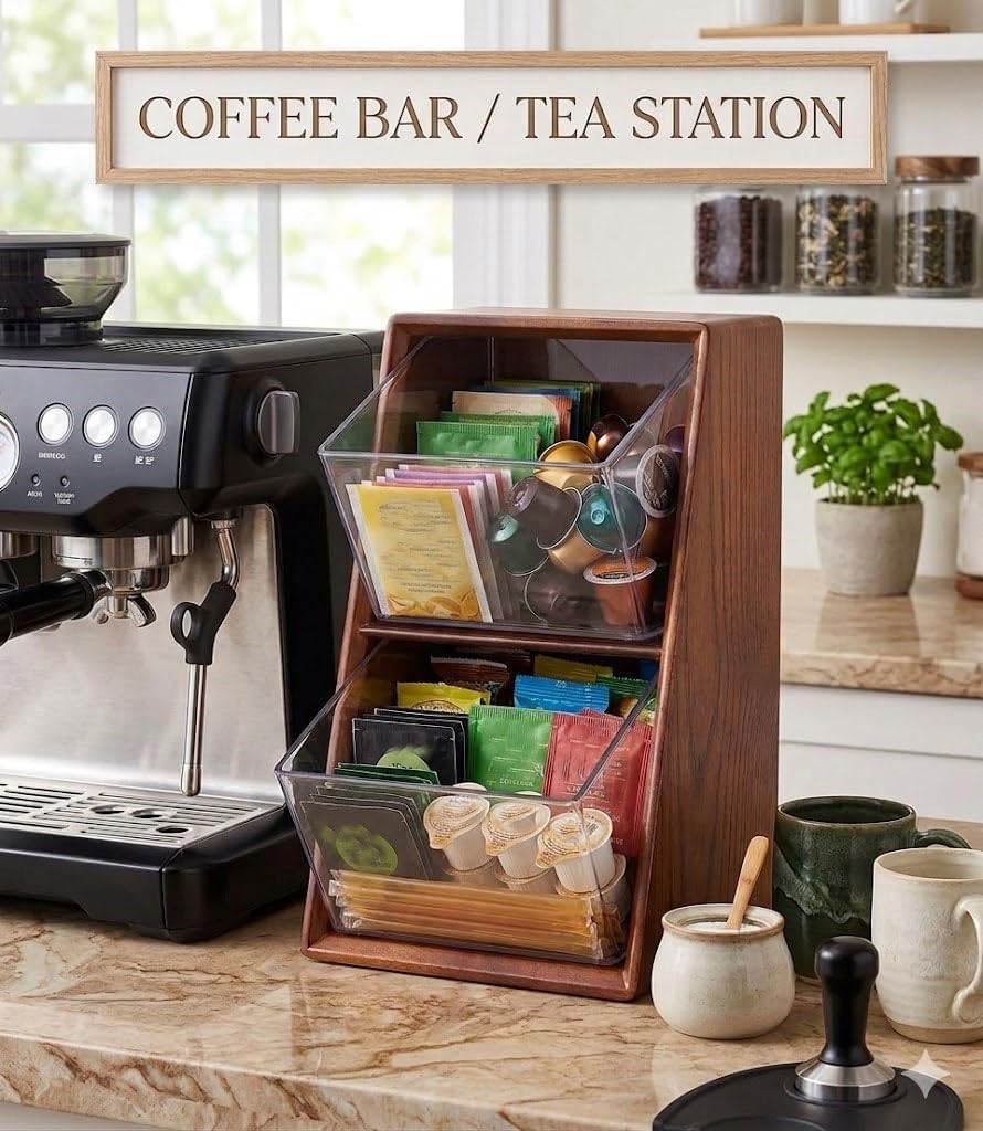 Solid Wood Countertop Organizer with 2 Clear Acrylic Bins, 2-Tier Coffee Bar Storage Caddy for Tea Bags, Coffee Pods and Sugar Packets