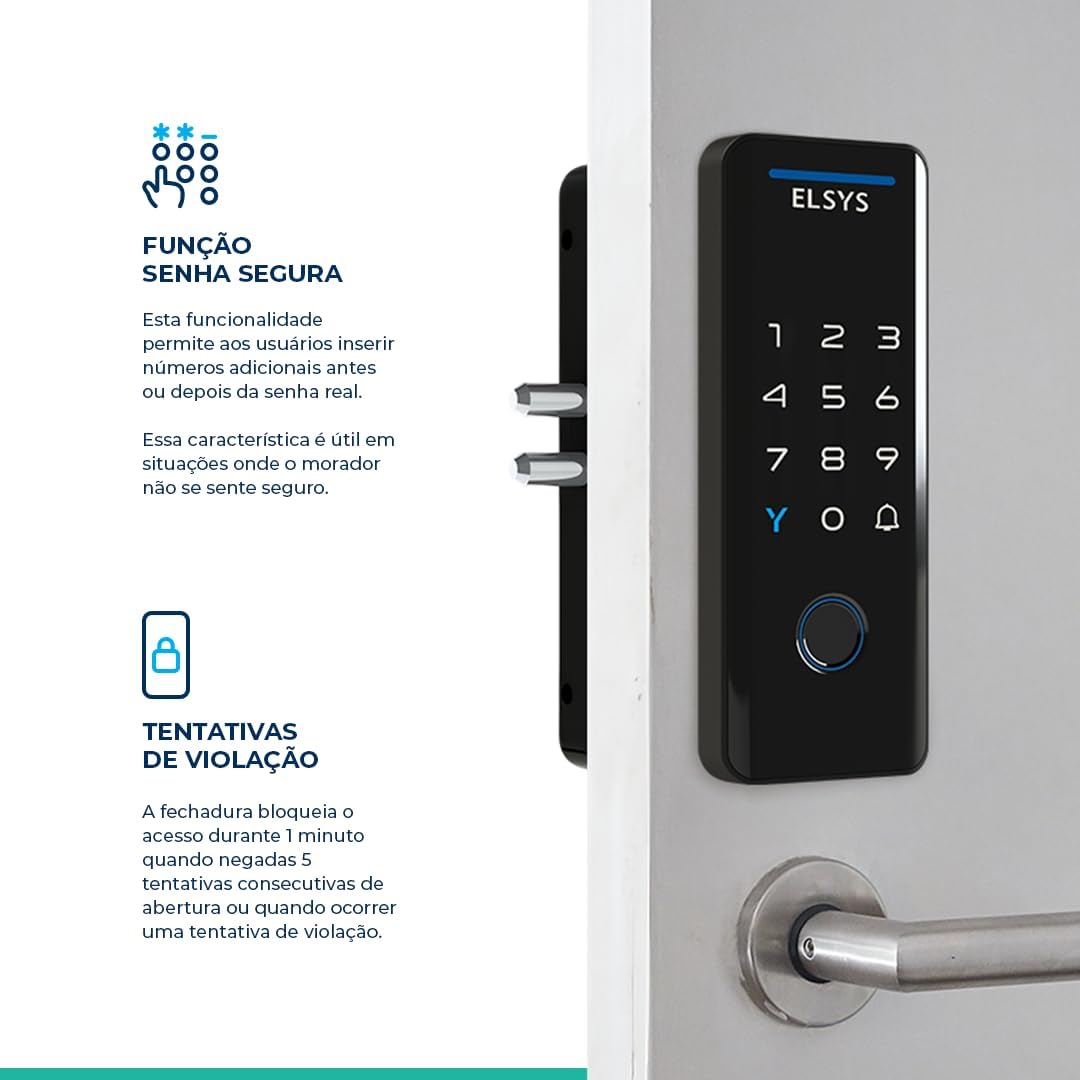 Diagram showing the dual lock mechanism and the digital doorbell function of the Elsys DS4100V digital lock, highlighting its glass finish.