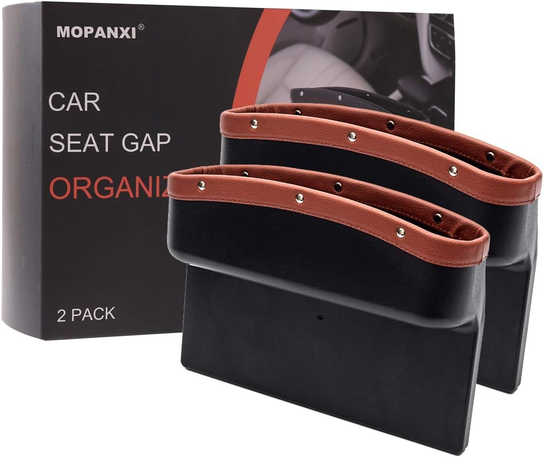 Car Seat Pockets PU Leather Car Console Side Organizer Seat Gap Filler Catch Caddy with Non -Slip Mat 9.2x6.5x2.1 inch Brown (2 Pack)