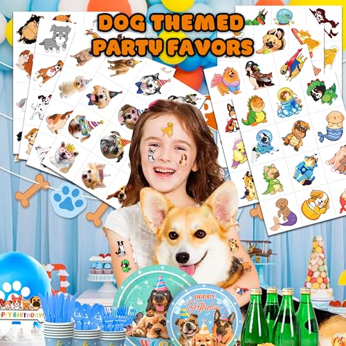 Image of 96 PCS Pre-Cut Dog Temporary Tattoos for Kids First Birthday Party Favors | Super Cute Pet Themed Supplies, Decorations, Animal Fake Tattoo Stickers School Rewards Prizes & Gifts Boys & Girls