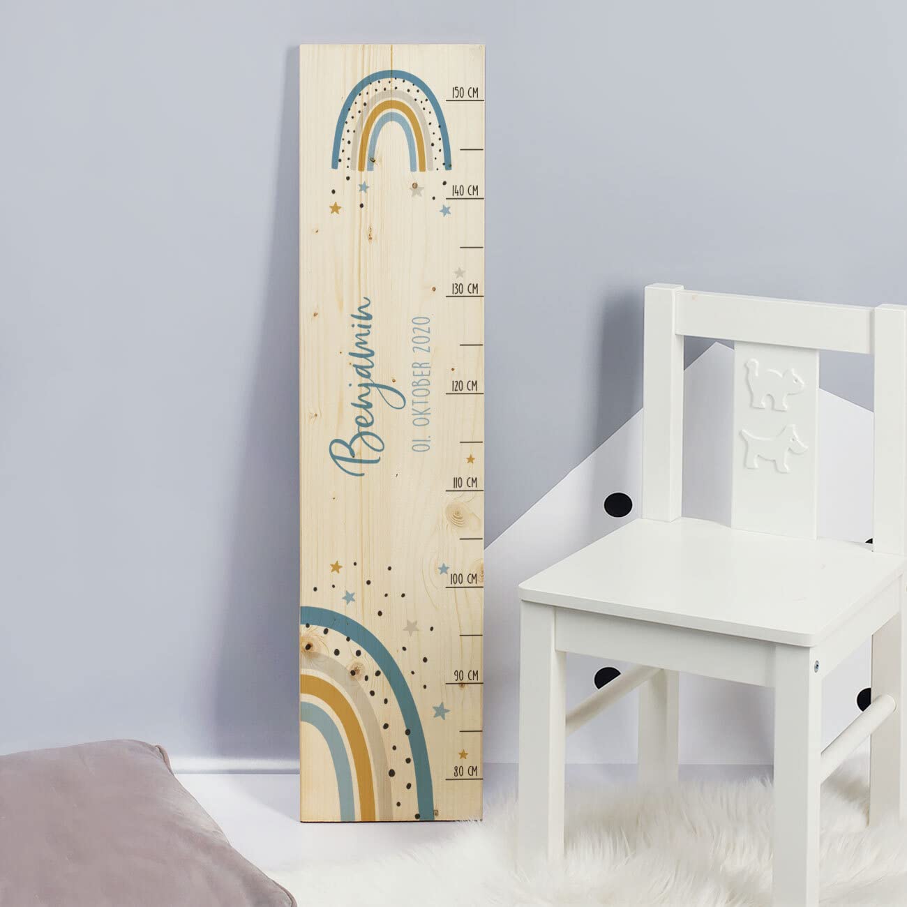 Striefchen® Messlatte für Kinder mit Namen aus Holz für Kinderzimmer mit niedlichen Motiven Messleiste Regenbogen Blau